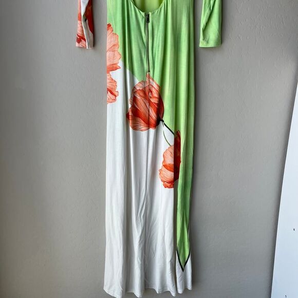 Alice + Olivia Delora‎ Open Back Green Tulip Print 3/4 Sleeve Crew Maxi Dress 6 - Picture 10 of 12